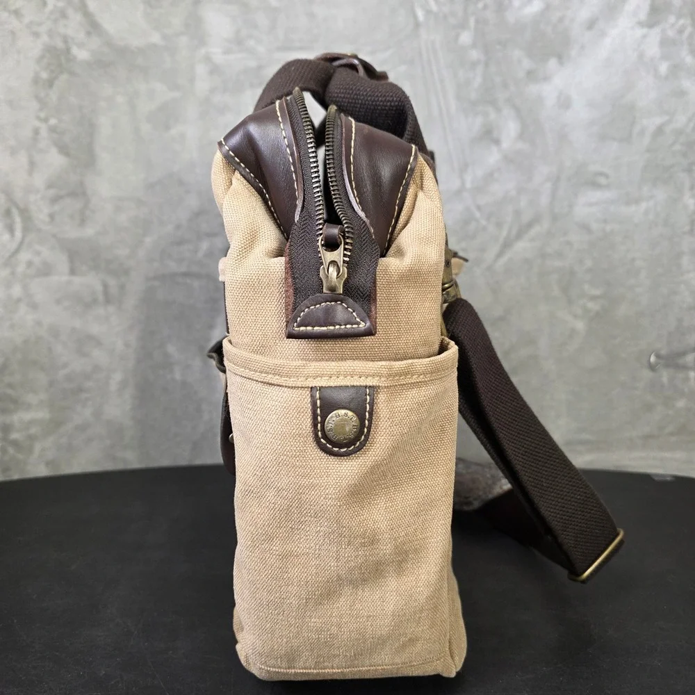 H.S. Trask Canvas Leather Laptop Briefcase Messenger Bag Mens Tan GOOD Travel